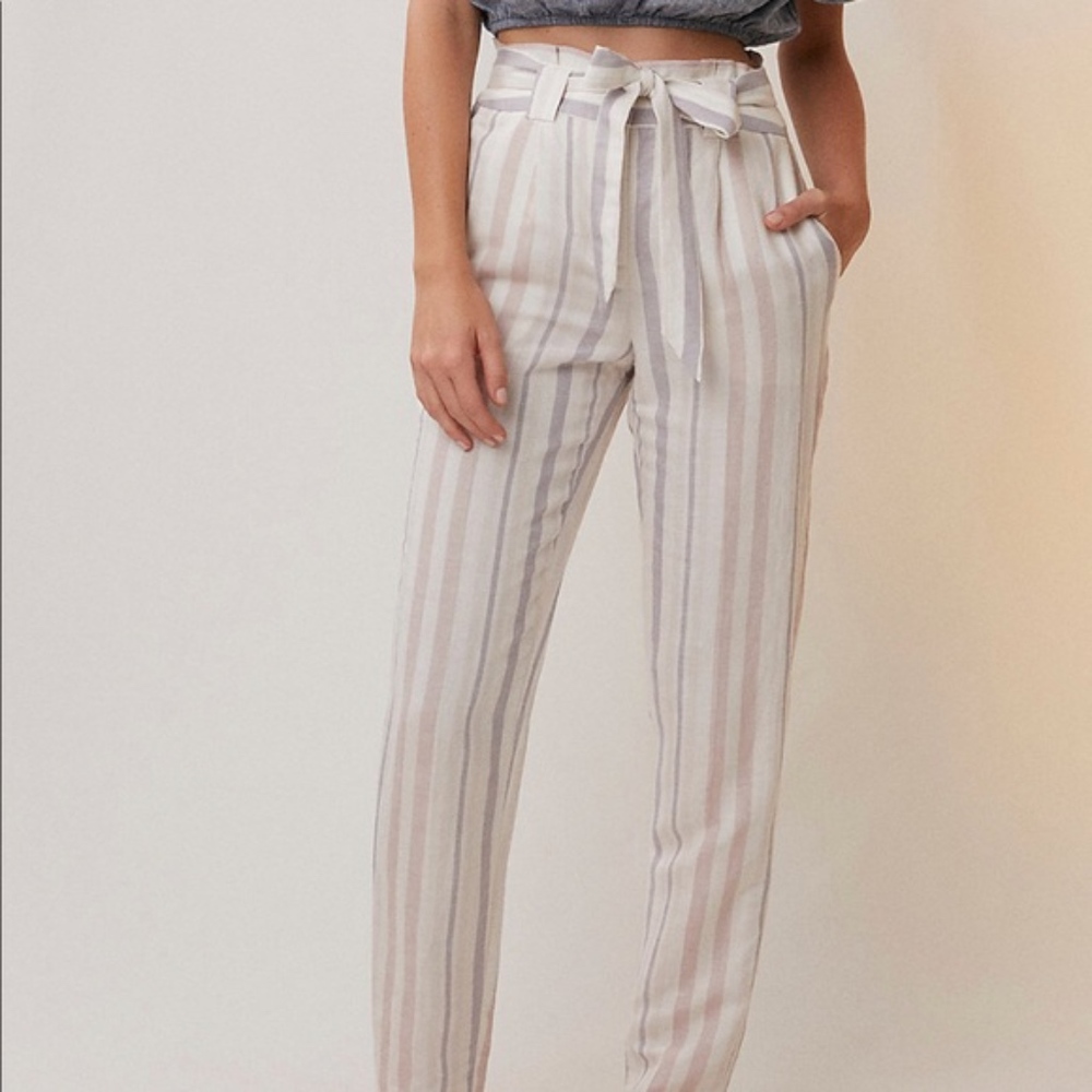 EXPRESS STRIPED LINEN-BLEND SASH WAIST ANKLE PANT